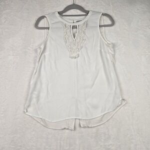 Pale Sky Women's White Sleeveless Blouse Size Medium Crochet Detail Keyhole Back